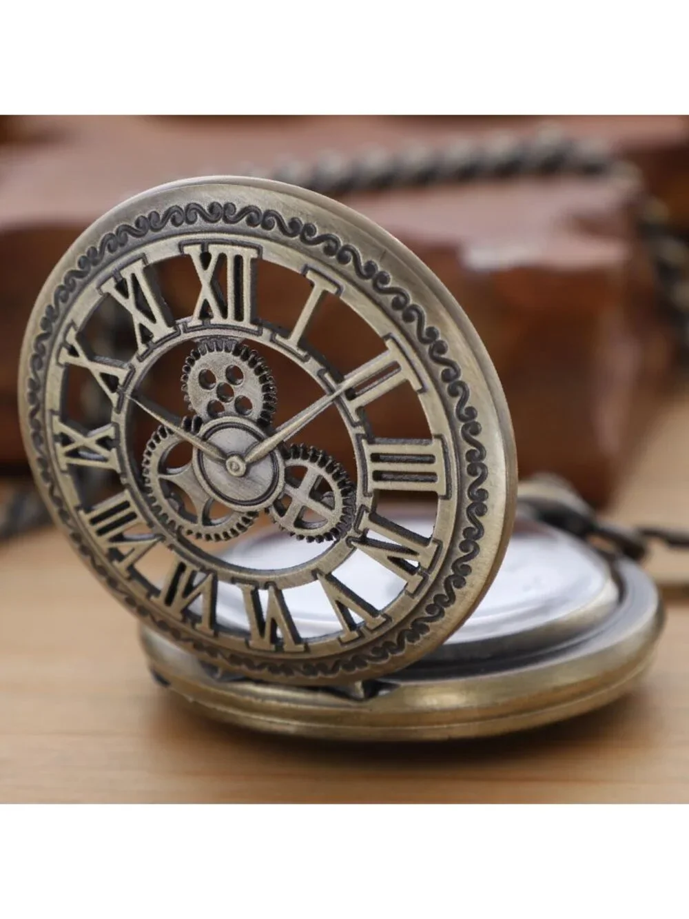 Men's Brown Analog Quartz Arabic Numeral Three Small Gear Chain Pocket Watch
